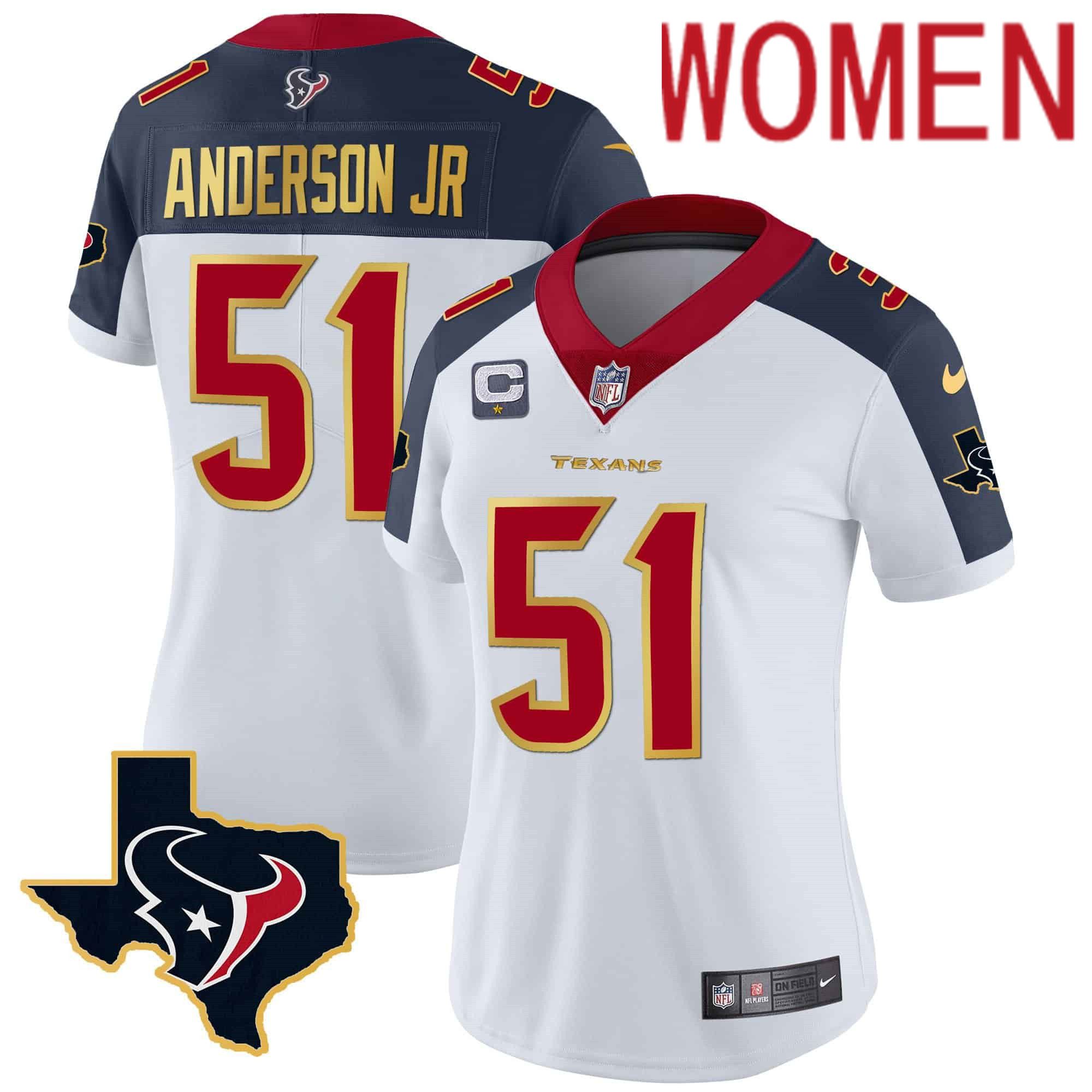 Women Houston Texans #51 Anderson jr White Gold 2024 Nike Trim Vapor NFL Jersey style 2->women nfl jersey->Women Jersey